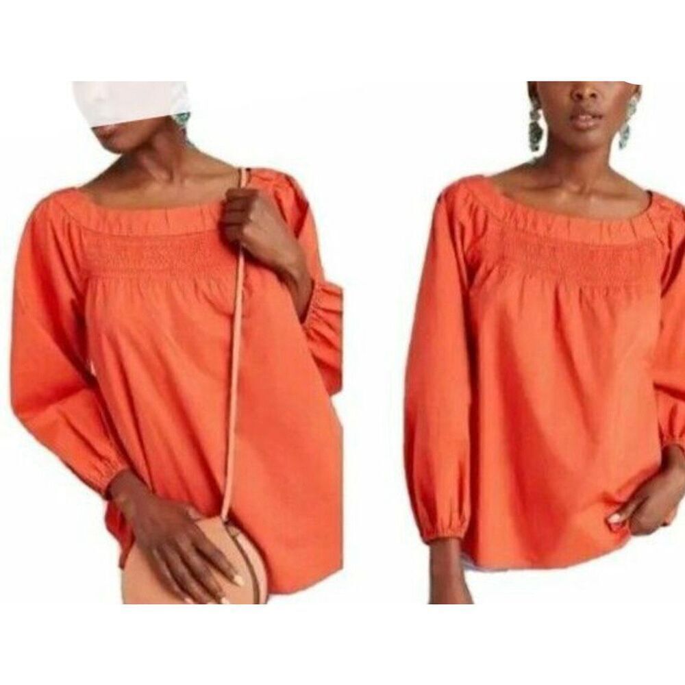 Anthropologie Maeve coral smocked neck long sleeve blouse small